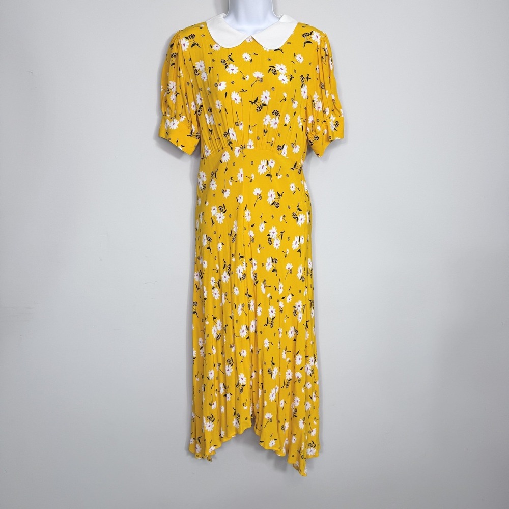 Ghost London Tiggy Dress Womens Large Yellow Daisy Midi Fit Flare Floral Cottage